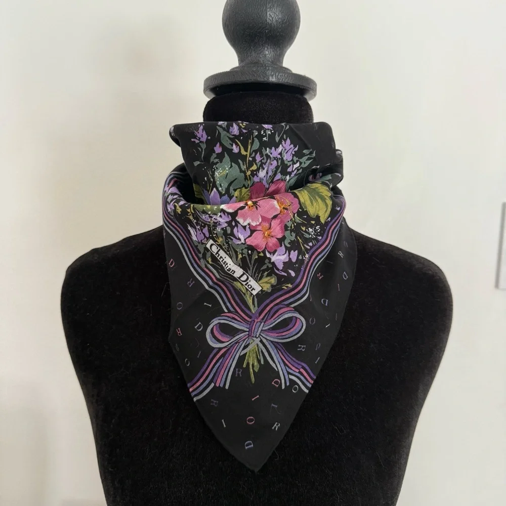 Christian Dior Floral Black Cotton Scarf 18”